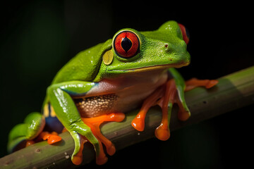 Fototapeta premium A Beautiful poison red eyes frog with green skin climb up brown dry wood on blur natural background. a native animal and endanger species in Madagascar’s rain forest.