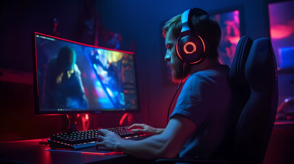 Professional male esports streamer playing online game computer with headphones, Room Lit by Neon Lights in Retro Arcade Style - obrazy, fototapety, plakaty
