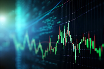 Stock market or forex exchange graph price and indicator red and green candle stick chart on blue theme screen. Concept for financial and stock graph.