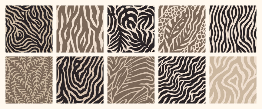 Abstract Zebra and Floral Tropical Seamless Patterns Set in Neutral Beige Colors. Vector Palm Leaves and Zebra Print