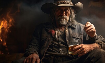 Photo of a man in a cowboy hat enjoying a glass of whiskey - obrazy, fototapety, plakaty