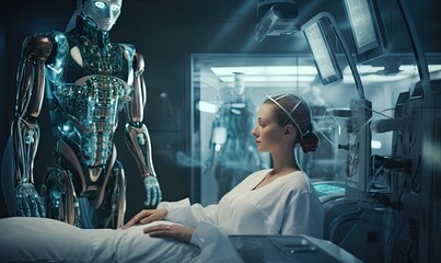 Photo of a woman in a hospital bed next to a robot