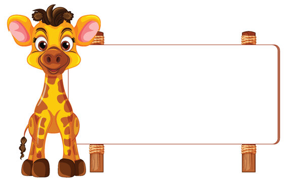 Giraffe Cartoon Standing in Front of Signboard Banner