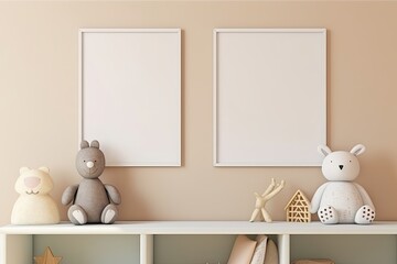 Mock up posters in child room interior, posters on empty cream color wall background, Generative AI