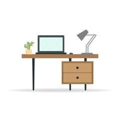 office desk with a lamp and a computer with a monitor. flat vector illustration isolated on white background