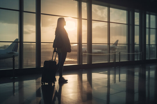 Side view of woman is at airport with sunset looking away to run way with baggage waiting at gate ready for boarding, travel .