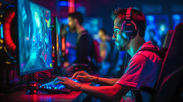 Professional gamer playing online games tournament with headphones, Room Lit by Neon Lights in Retro Arcade Style