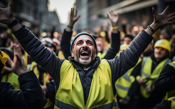 Construction workers in yellow vests and waistcoats raise their hands in the air smiling. AI Generated Images