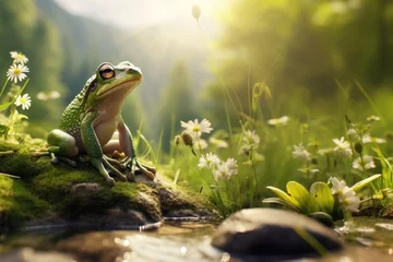  frog sitting on the stone  in nature landscape near lake. generative ai © alexanderuhrin