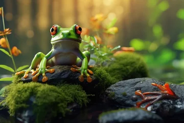 Foto op Canvas frog sitting on the stone  in nature landscape near lake. generative ai © alexanderuhrin