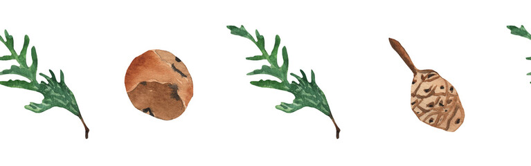 Christmas watercolor horizontal seamless pattern with fir and pine cones.Winter pattern