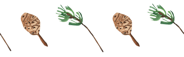 Christmas watercolor horizontal seamless pattern with fir and pine cones.Winter pattern