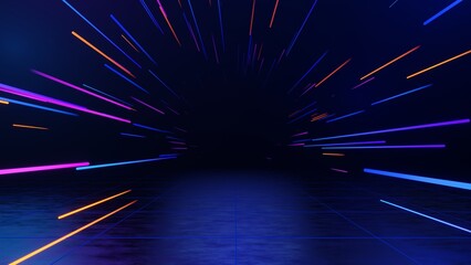 3d technology abstract neon light background, empty space scene, spotlight, dark night, virtual reality, cyber futuristic sci-fi background, street floor studio for mock up. colored geometric. © TANATPON