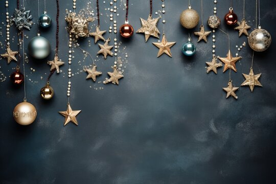 Aerial shot of festive and elegant Christmas adornments in top flat lay view