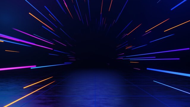 3d technology abstract neon light background, empty space scene, spotlight, dark night, virtual reality, cyber futuristic sci-fi background, street floor studio for mock up. colored geometric.