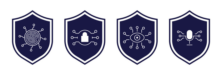 security shield icon pack, security shield logo with fingerprint, padlock, iris scanning, and voice scanning. Security shield symbol for website. digital device security icon. technology
