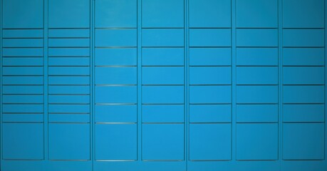 Simple blue parcel locker, automated parcel machine postal box compartment doors grid abstract background texture, frontal shot, front view, nobody. Post packages delivery service concept, parcels