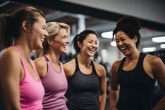 Group of female gym friends happily talking and laughing together on a . Women resting enjoying conversation finished workout