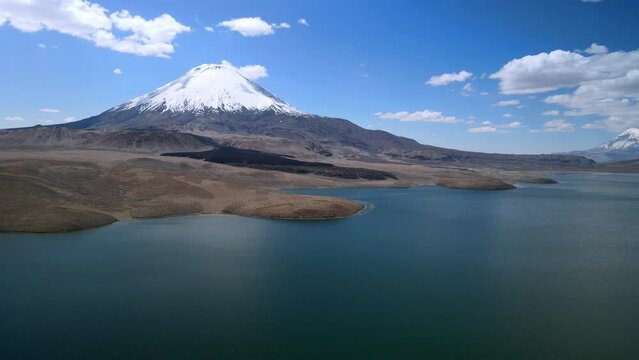 Aerial view of Chungara Lake, Lauca National Park in Chile - dolly, drone shot