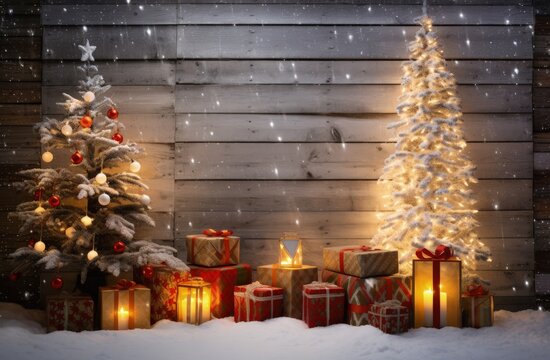 lighting Christmas tree and red green white gifts are placed near white snow on the wooden background