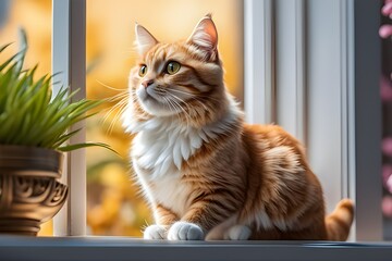 a cute cat sits by the window. Generative AI