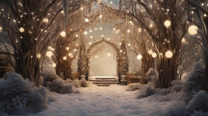 Magical winter forest theme with twinkling lights and decorations