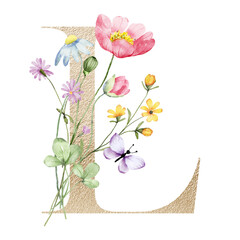 Floral alphabet, letter L with watercolor flowers and leaf. Monogram initials perfectly for wedding invitations, greeting card, logo, poster and other design. Hand painting.