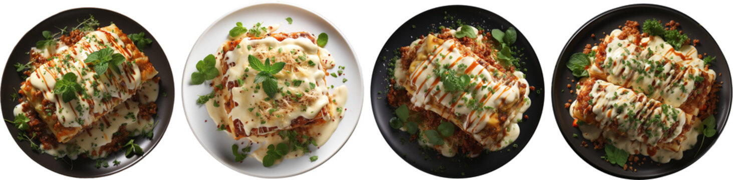 four plates with freshly prepared lasange, top view, generative ai