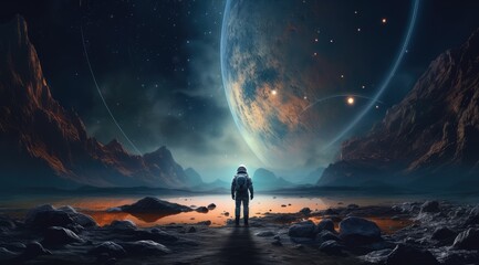 Fototapeta premium Astronaut on the background of the planet. created by generative AI technology.