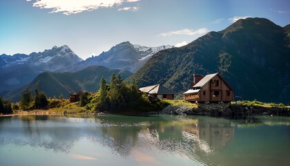 Fototapeta premium lake in the mountains house with background blurred