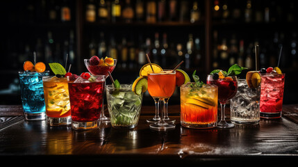 Various tasty cocktails displayed on a dark table in a bar.