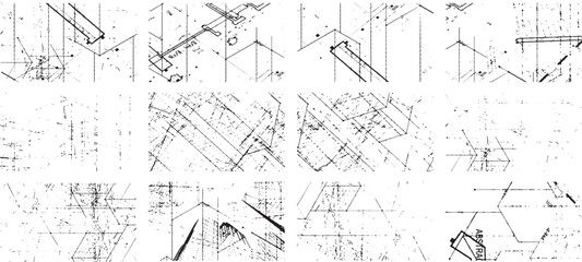 Overlay textures set stamp with grunge effect. Old damage Dirty grainy and scratches. Set of different distressed black grain texture. Distress overlay vector textures.	