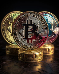 Bitcoin on the background of coins. Bitcoin is a modern way of exchange and this crypto currency is a convenient means of payment in the financial and web markets. created by generative AI technology.