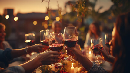 Group of young people hands toasting red wine at rooftop party. Multiracial friends celebrating at bbq dinner at home garden.