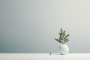 White vase with a small pine tree in it