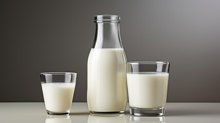 Glass of milk and a bottle of milk side by side.