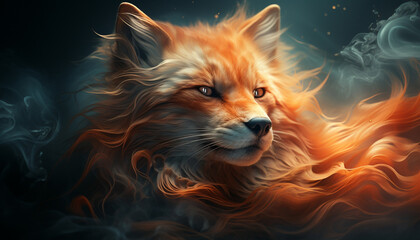 A clever fox steps forth from the misty ambiance. Sunset hues grace the sky, casting a warm glow on falling autumn leaves.  © Kyrtap_Studio