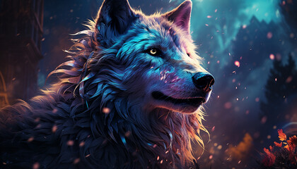 Majestic wolf steps forth from the cool mist. With intelligent eyes that pierce the night, the wolf embodies the mystery and wildness of the moonlit realm. © Kyrtap_Studio