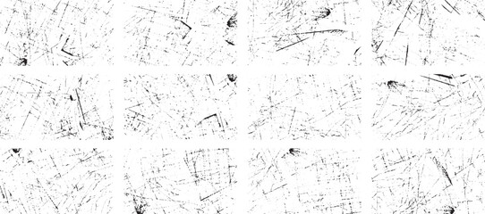 Overlay textures set stamp with grunge effect. Old damage Dirty grainy and scratches. Set of different distressed black grain texture. Distress overlay vector textures.	