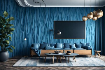 Modern cozy living room and blue wall texture background interior design 3d render