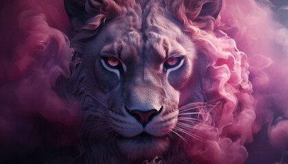 The contours of a Exotic Lion face in the mist. Mist texture. Paint water mix. Pink and rose glowing fog cloud wave abstract art background with free space. © Kyrtap_Studio