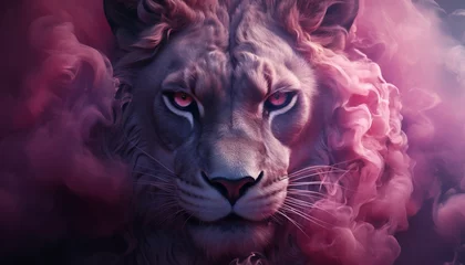 The contours of a Exotic Lion face in the mist. Mist texture. Paint water mix. Pink and rose glowing fog cloud wave abstract art background with free space. © Kyrtap_Studio
