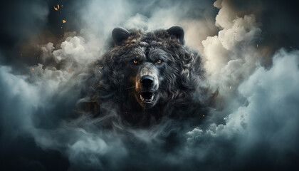 The contours of a bear face in the mist. Mist texture. Paint water mix. Gray glowing fog cloud wave abstract art background with free space. © Kyrtap_Studio