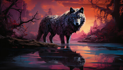 Majestic wolf steps forth from the cool mist. With intelligent eyes that pierce the night, the wolf embodies the mystery and wildness of the moonlit realm. © Kyrtap_Studio