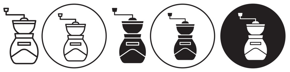 Coffee grinder icon. Flat vector symbol of beans crusher or cutter. Outline set of coffee mill machine with handle to roaster. Round logo of mill used in kitchen - obrazy, fototapety, plakaty
