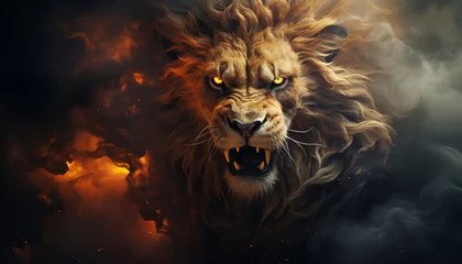 The contours of a lion face in the mist. Mist texture. Paint water mix. Yellow glowing fog cloud wave abstract art background with free space. © Kyrtap_Studio