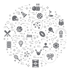 Simple Set of sports Related Vector Line Illustration. Contains such Icons as ball, tennis, hockey, baseball, golf, soccer, leisure activity, badminton and Other Elements.