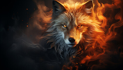 The contours of a fox face in the mist. Mist texture. Paint water mix. Orange glowing fog cloud wave abstract art background with free space. © Kyrtap_Studio