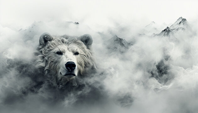 The contours of a bear face in the mist. Mist texture. Paint water mix. Gray glowing fog cloud wave abstract art background with free space.