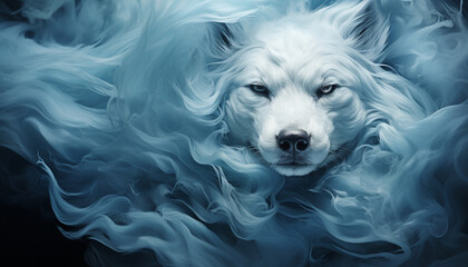 The contours of a wolf face in the mist. Mist texture. Paint water mix. Blue glowing fog cloud wave abstract art background with free space. © Kyrtap_Studio